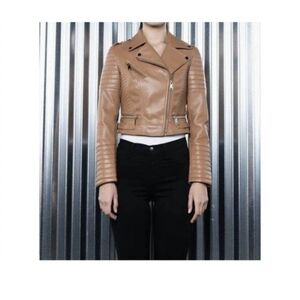 Cropped Tan Leather Moto Jacket with Quilted Sleeve Panels